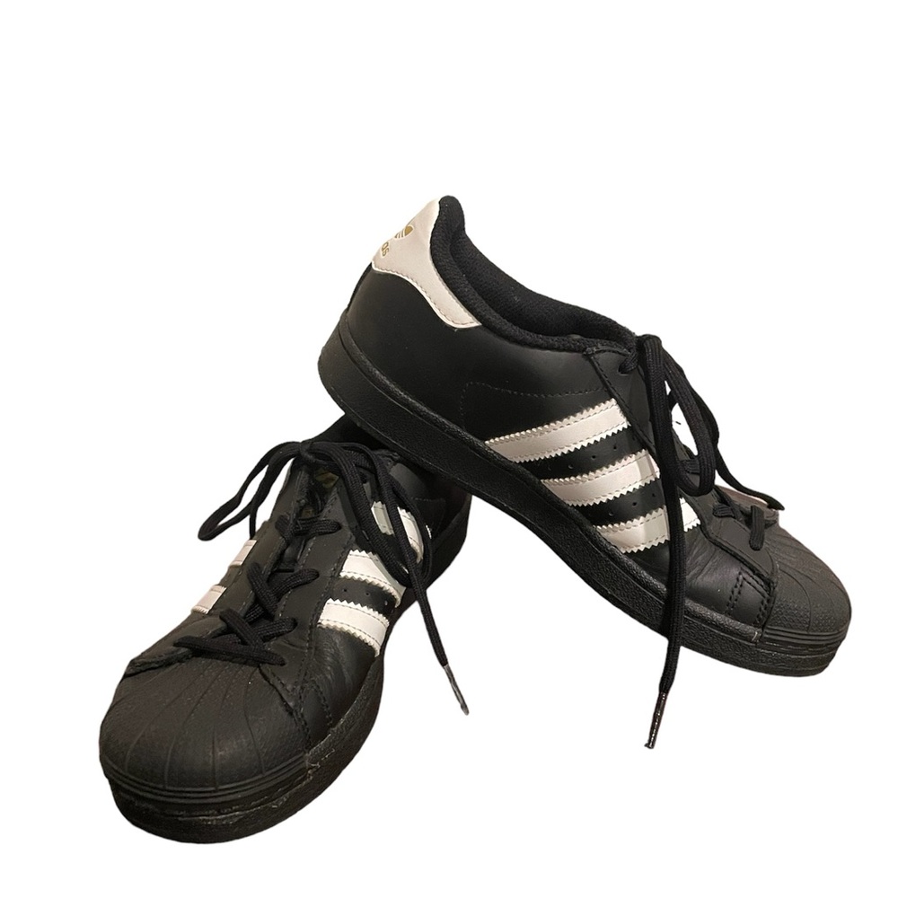 Adidas Superstar kids sneakers, black with white stripes, Size 3.  Like New